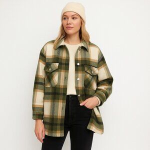 ZARA Plaid Oversized Shacket Olive Beige Check – Cozy Fall Streetwear Style Sz S